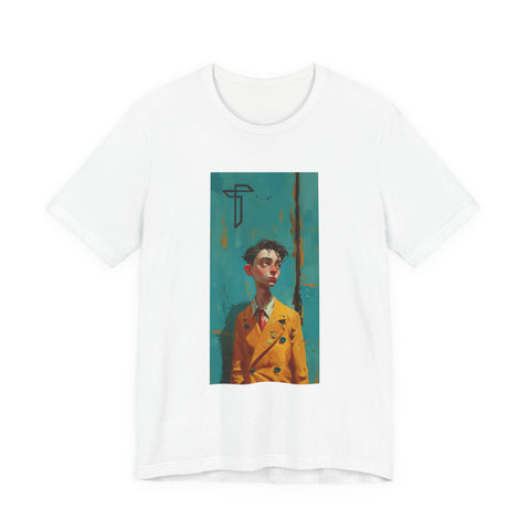 Portrait Art T-Shirt — Stylized Young Man in Yellow Coat Graphic Tee