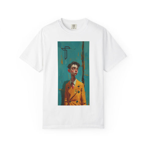 Artistic Portrait T‑Shirt — Stylized Young Man in Yellow Coat Graphic Tee