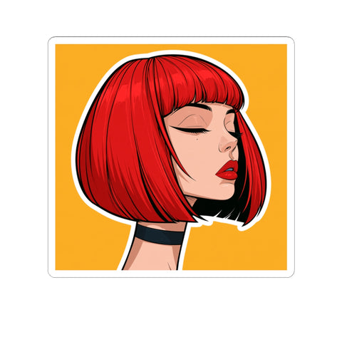 Red Bob Girl Sticker — Retro Pop Art Kiss-Cut Decal